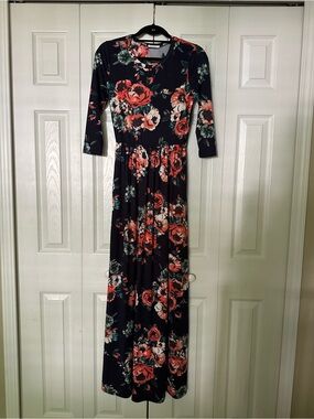 Flattering Natural Waist Navy Maxi Dress with Coral Floral Print